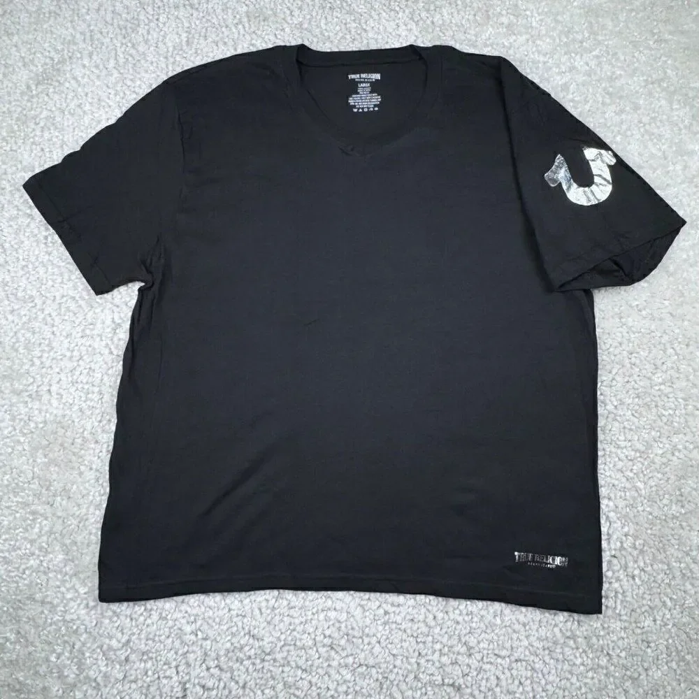 True Religion V-Neck Black Silver Logo T-Shirt